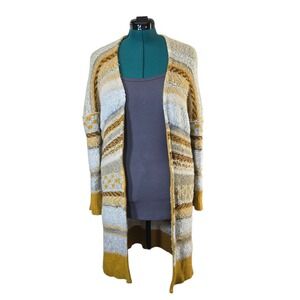 Gimmicks Duster Cardigan Sweater Small S Mustard Yellow Gray Knit Striped Boho